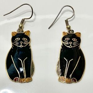 Cat cloisonne earrings. Vintage black cat cloisonne pierced earrings gold tone